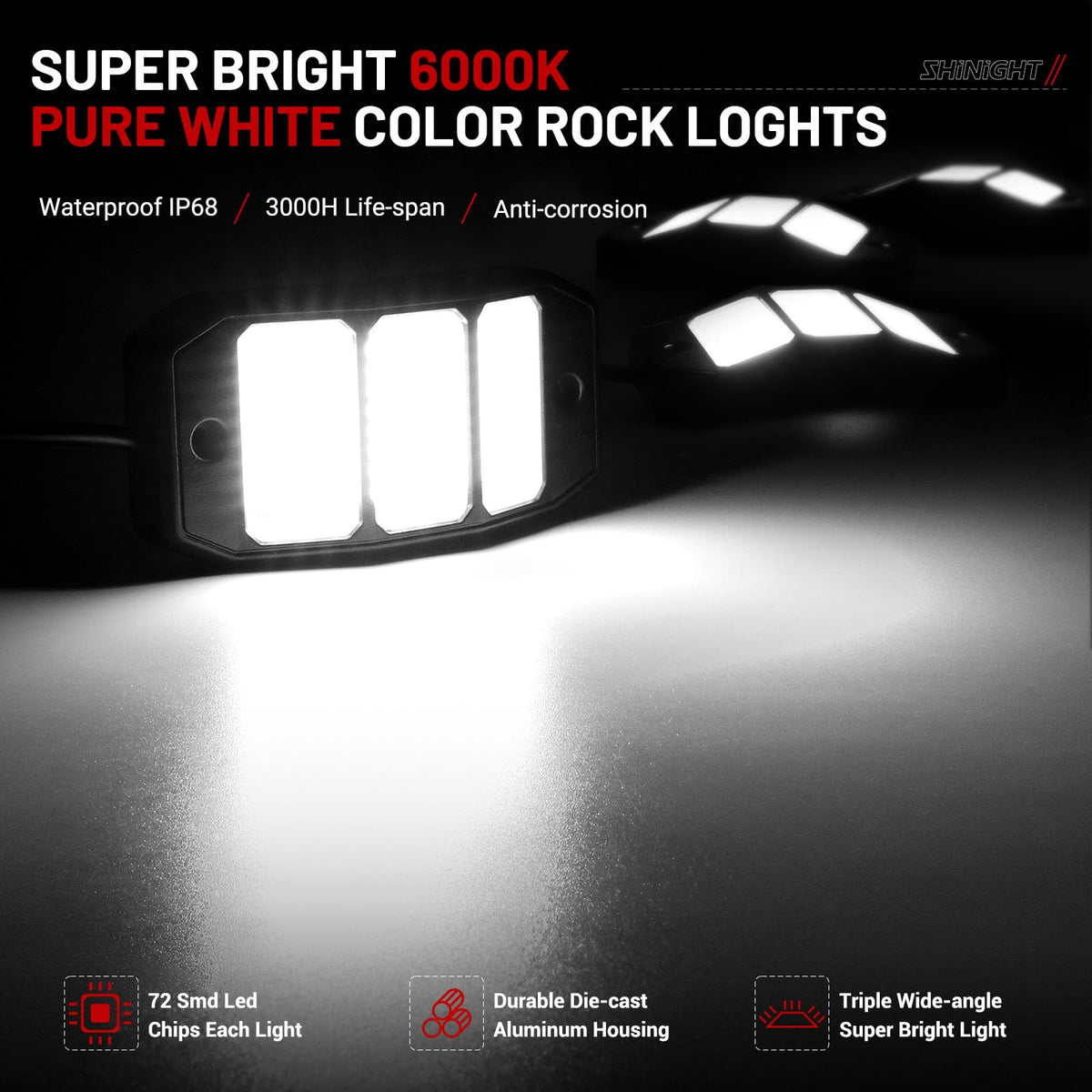 SHINIGHT close-up of 72 SMD LED array showing intense pure white output benefit