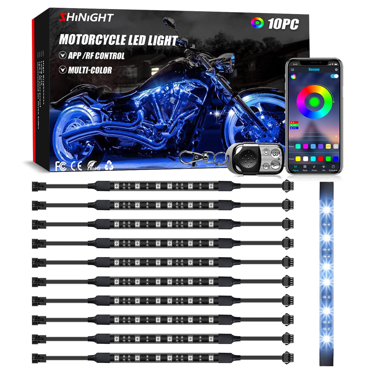SHINIGHT front packaging showing all ten LED strips and accessories for quick setup