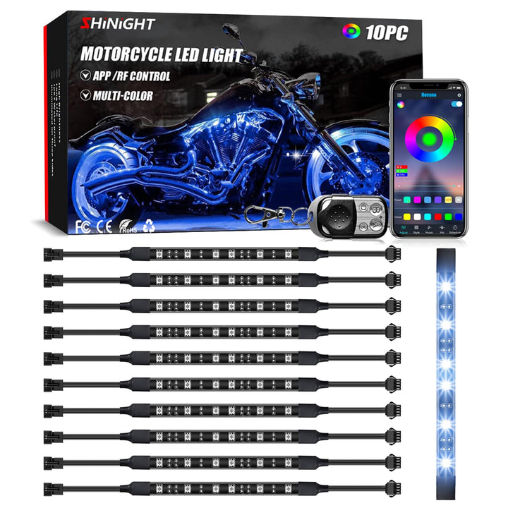 SHINIGHT front packaging showing all ten LED strips and accessories for quick setup