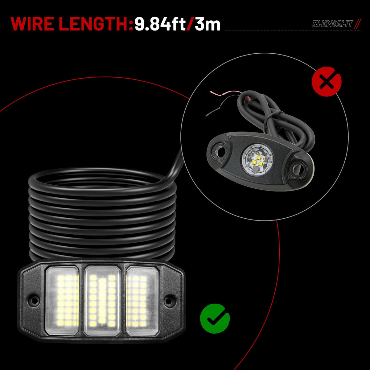 SHINIGHT wiring and hardware laid out showing long 9.84ft cables and install convenience benefit