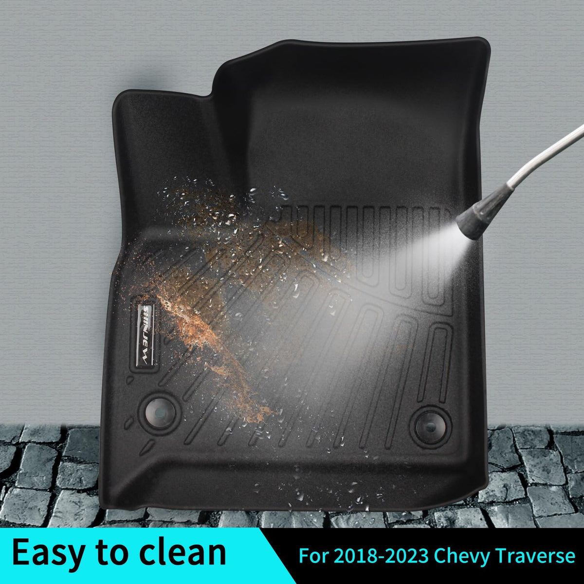 SHINJEW front mat near pedals highlighting safe, interference-free design