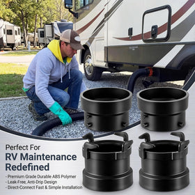 Shinymoon at campsite connecting RV to PVC for tidy drainage