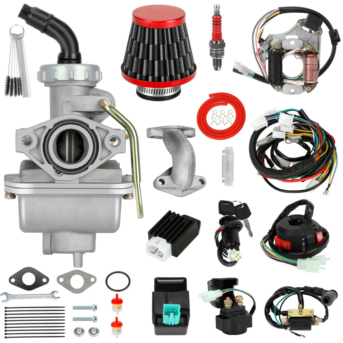 SHIQINHA front packaging showing carburetor and wiring kit, clear parts identification benefit