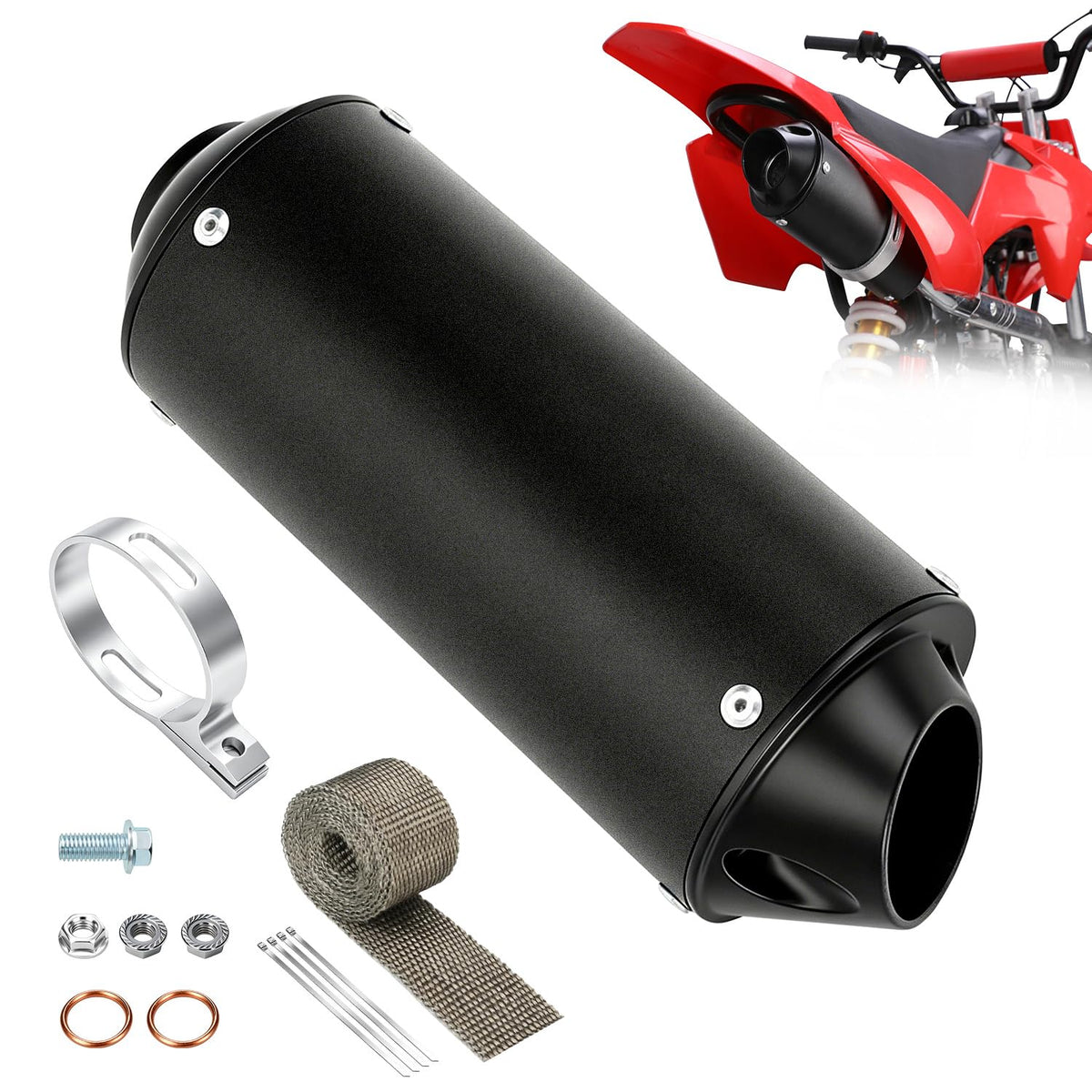 SHIQINHA front view of universal muffler showing compact profile and quieter sound benefit