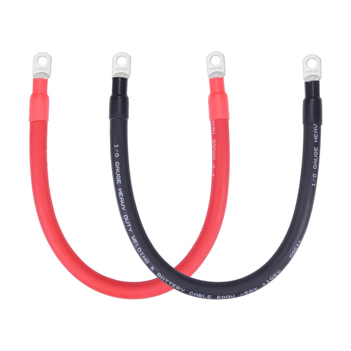 Shirbly front view of red and black 1/0 AWG pair showing ready-to-install terminals and length benefit