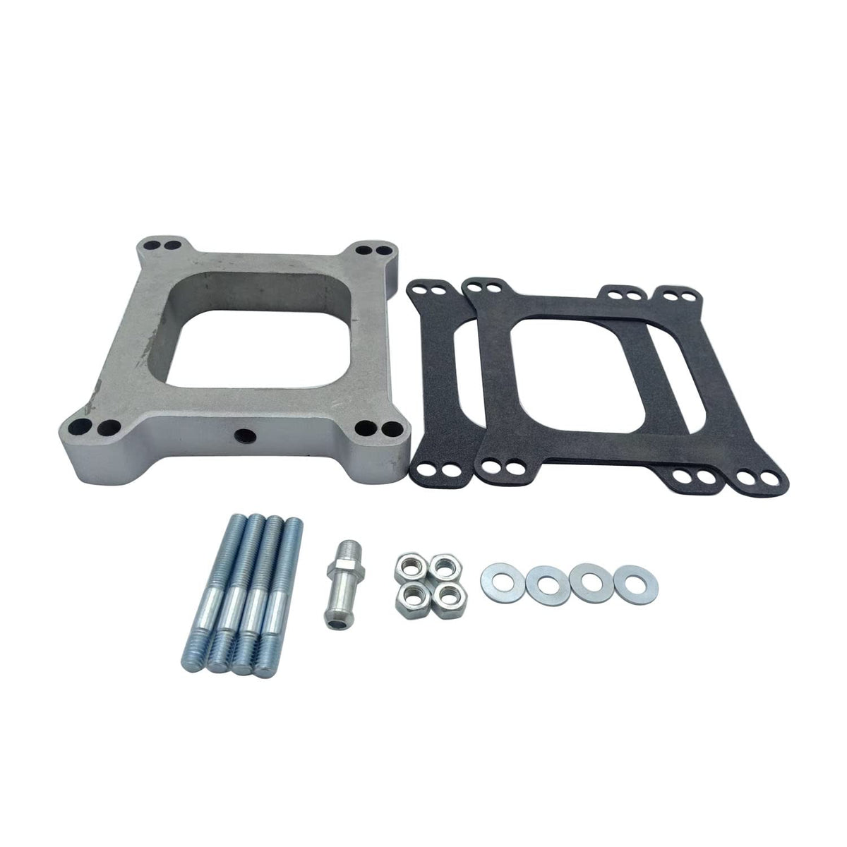 SHLPDFM front view of 1-inch aluminum carb spacer showing bolt pattern and open center for improved flow