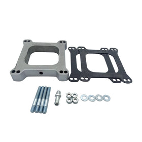 SHLPDFM front view of 1-inch aluminum carb spacer showing bolt pattern and open center for improved flow