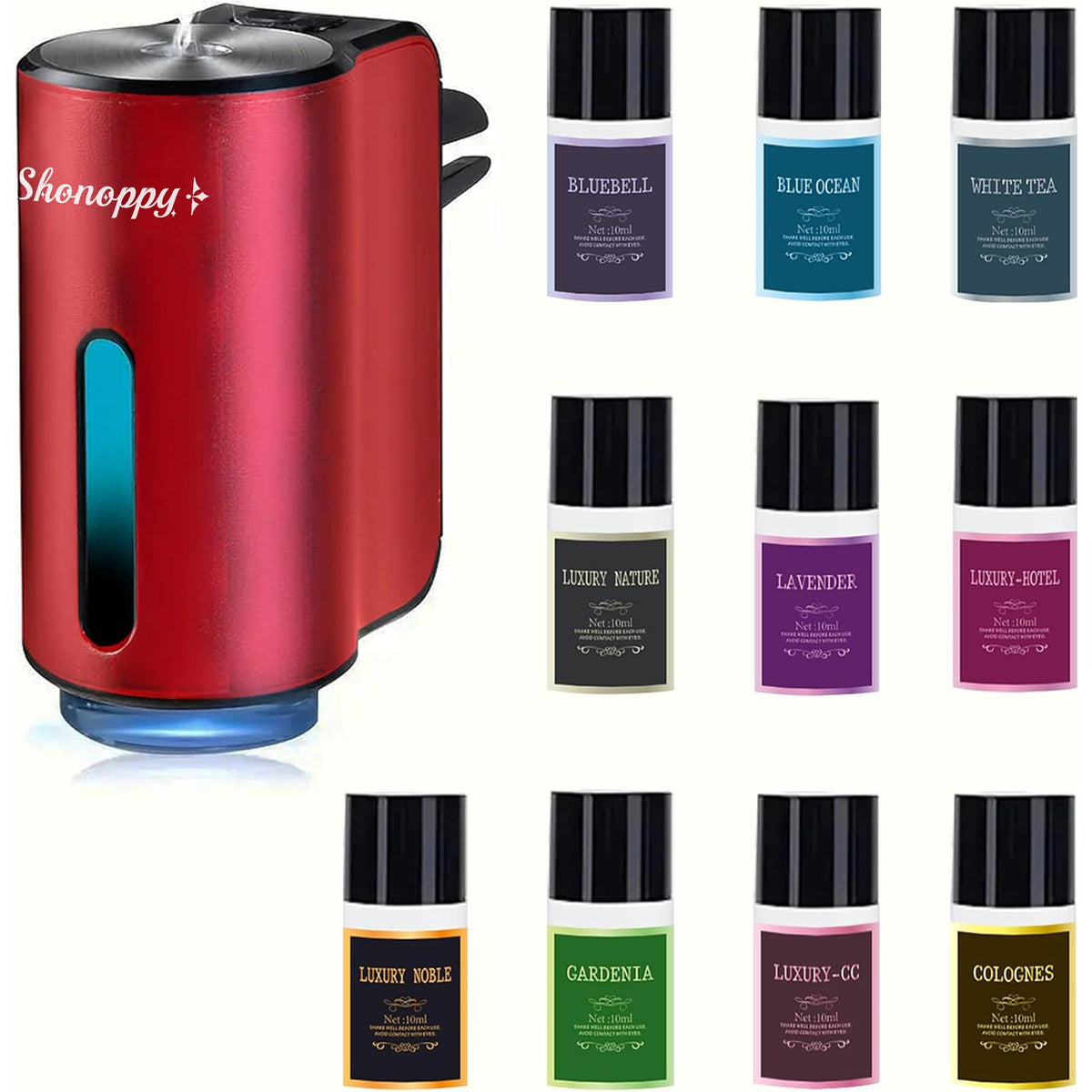 Shonoppy diffuser front view showing red finish and compact shape for stylish interiors