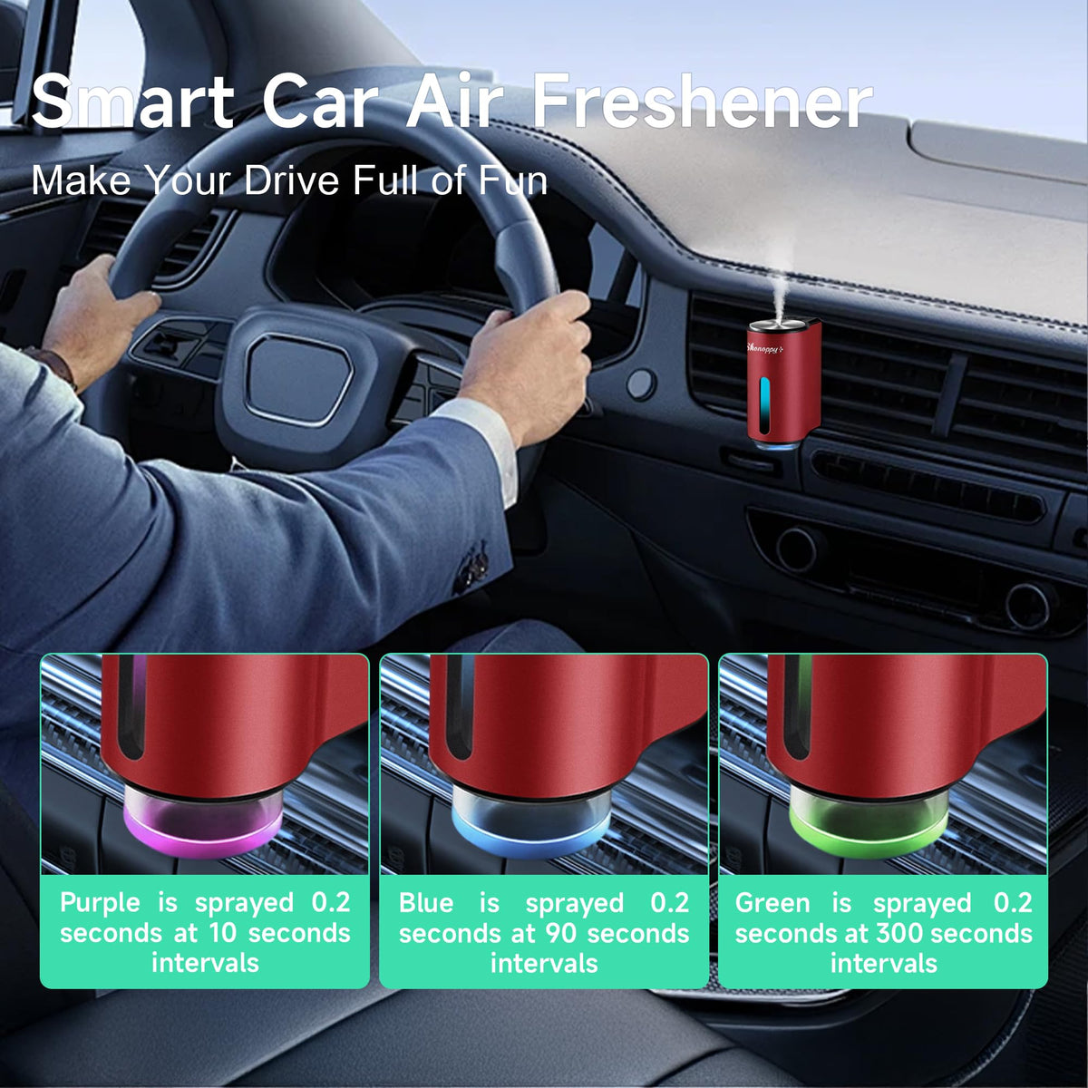 Shonoppy diffuser clipped to car vent demonstrating secure vent mount and hands-free use