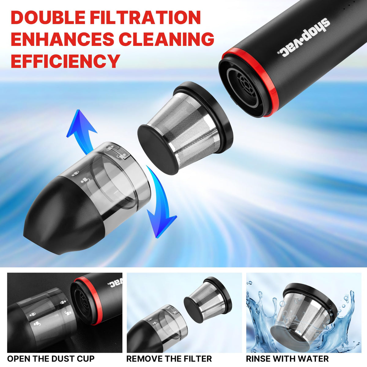 Shop-Vac with long nozzle attached reaching deep into seat seams for debris removal