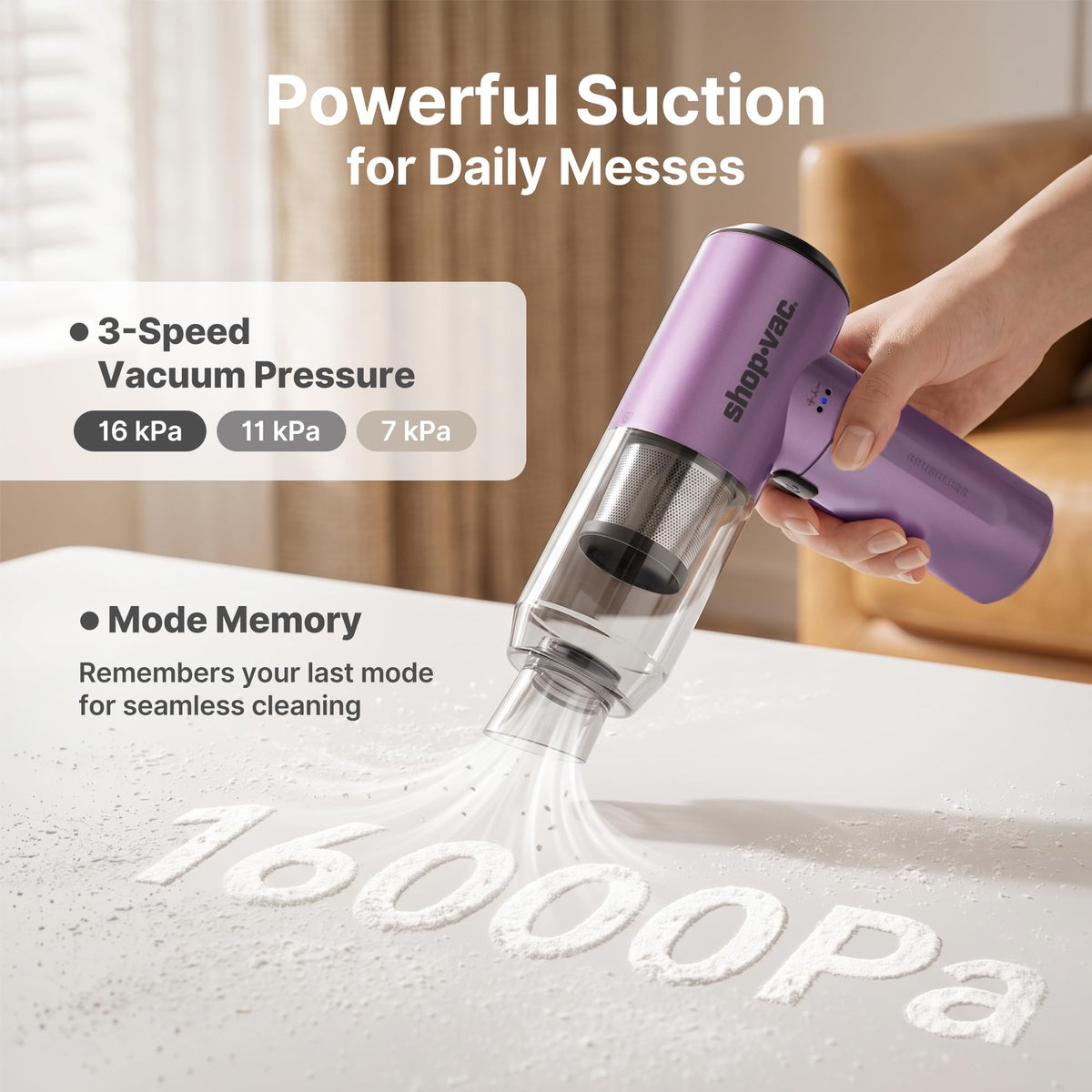 Shop-Vac S4 cleaning car seat gap demonstrating strong suction for crumbs