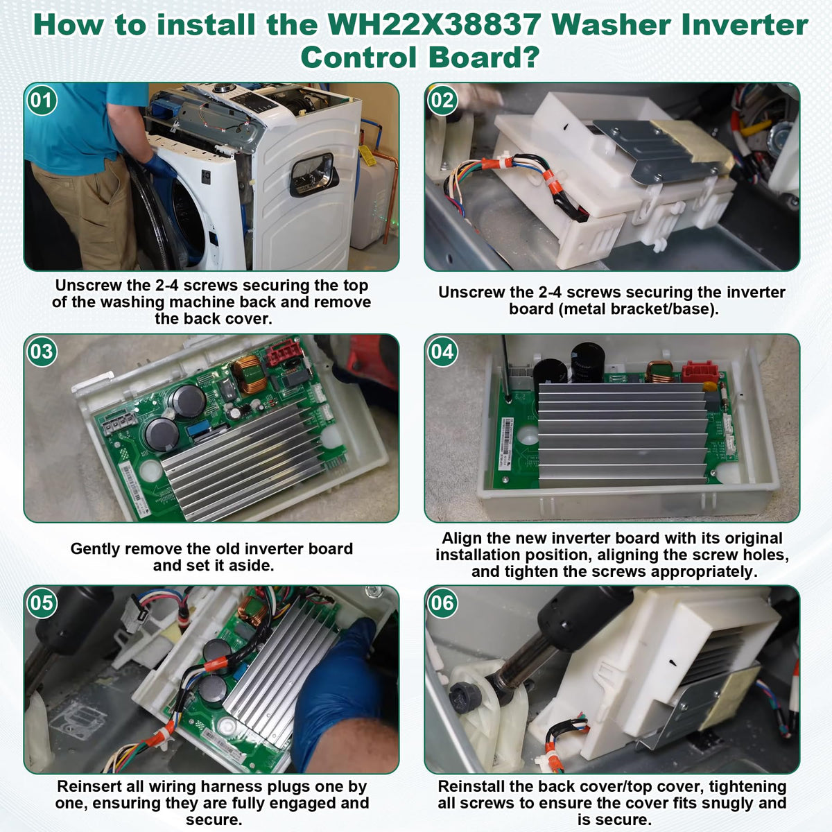 showingo technician installing inverter board in washer demonstrating quick DIY repair advantage