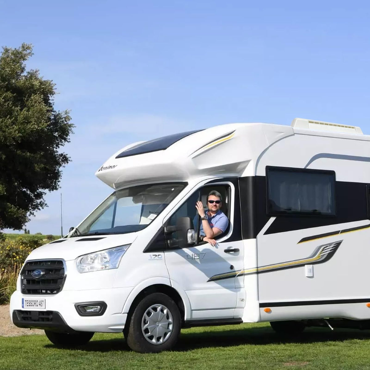 showingo installed on camper in campsite illustrating upgraded exterior look