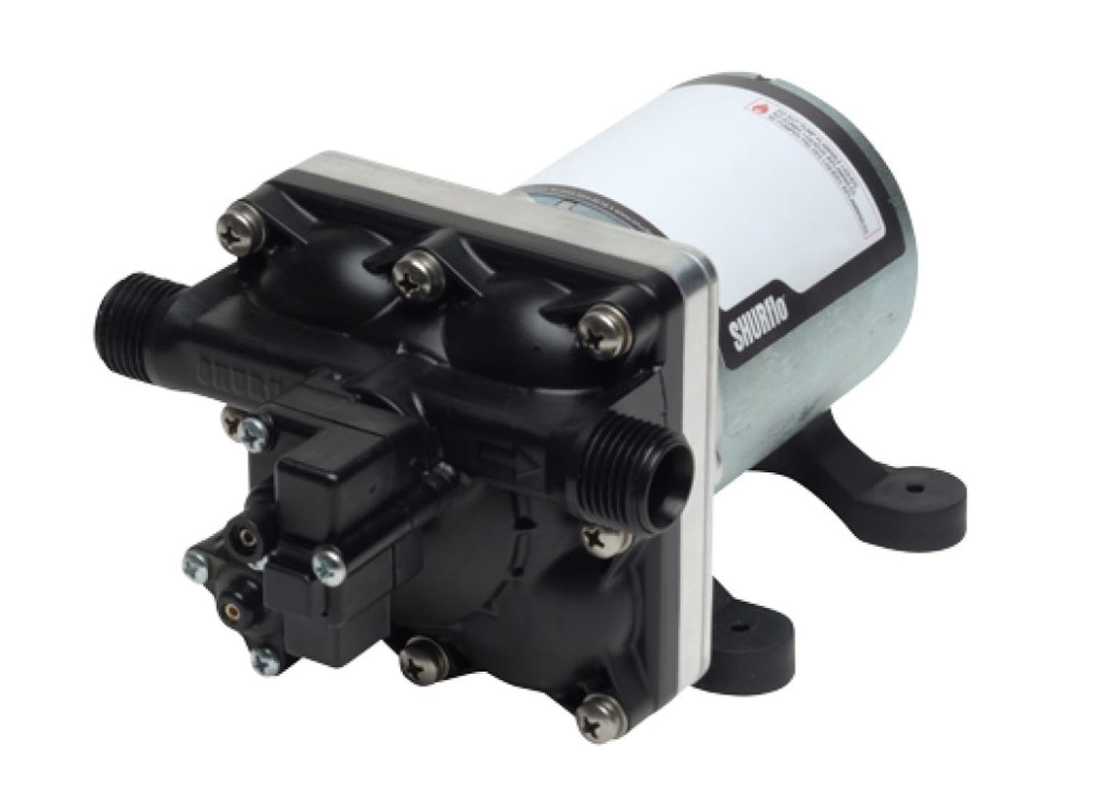 SHURFLO front view of pump showing compact design and durable casing benefit: space-saving installation