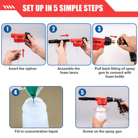Siapupy foam gun mounted on garden hose demonstrating quick setup benefit