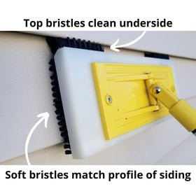 Siding Brush attached to extension pole, reaches two-story siding from ground