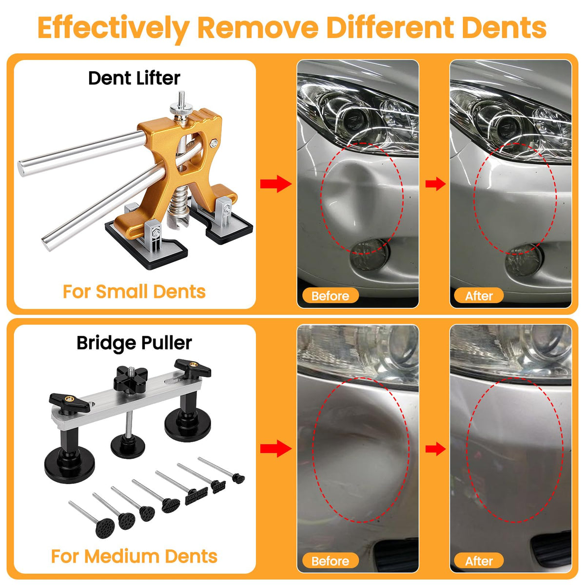 Sigoobal in use on car door demonstrating dent removal and time savings