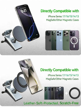 SiLiANK leather magnetic ring shown with phone proving non-MagSafe compatibility