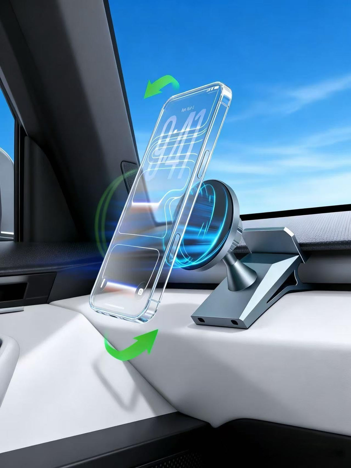 SiLiANK front view of Cybertruck mount showing clean dashboard integration and secure hold