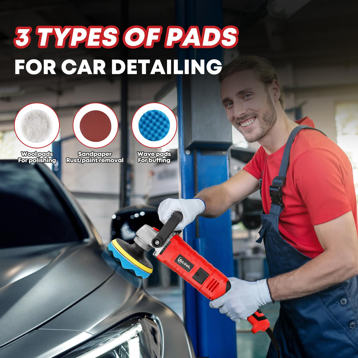 SILVEL polisher in use on car hood demonstrating high-power defect removal benefit