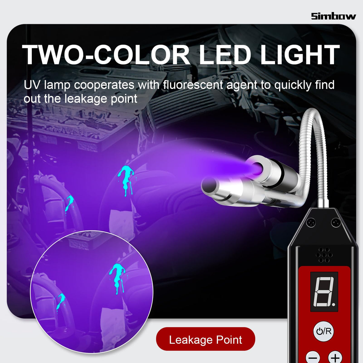 Simbow probe positioned in car engine bay locating refrigerant leaks quickly