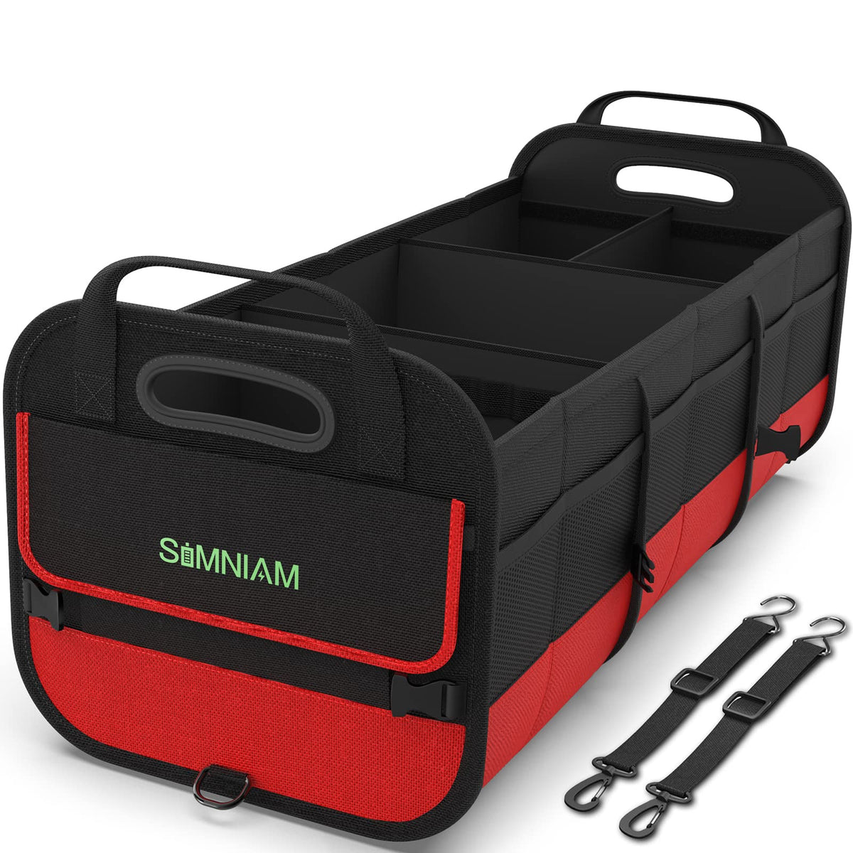 Simniam front view open showing four compartments and organized cargo
