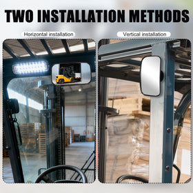 Sinbana mirror mounted on forklift illustrating instant added side visibility and safety