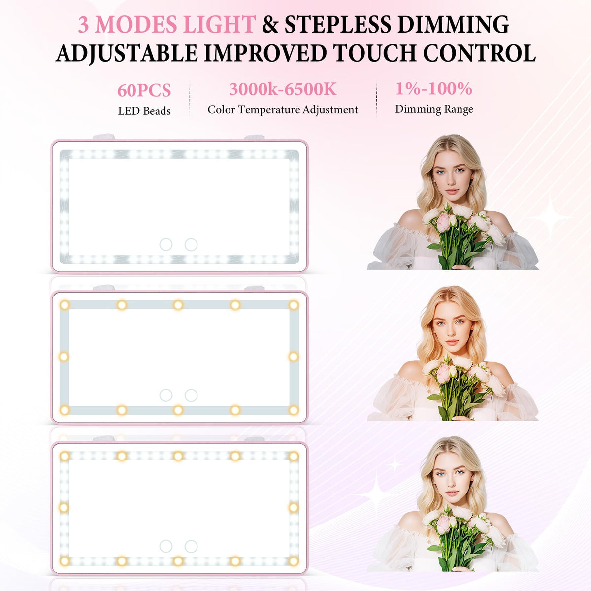 SINGARO close-up of 60 LEDs array showing bright, even illumination for precise makeup