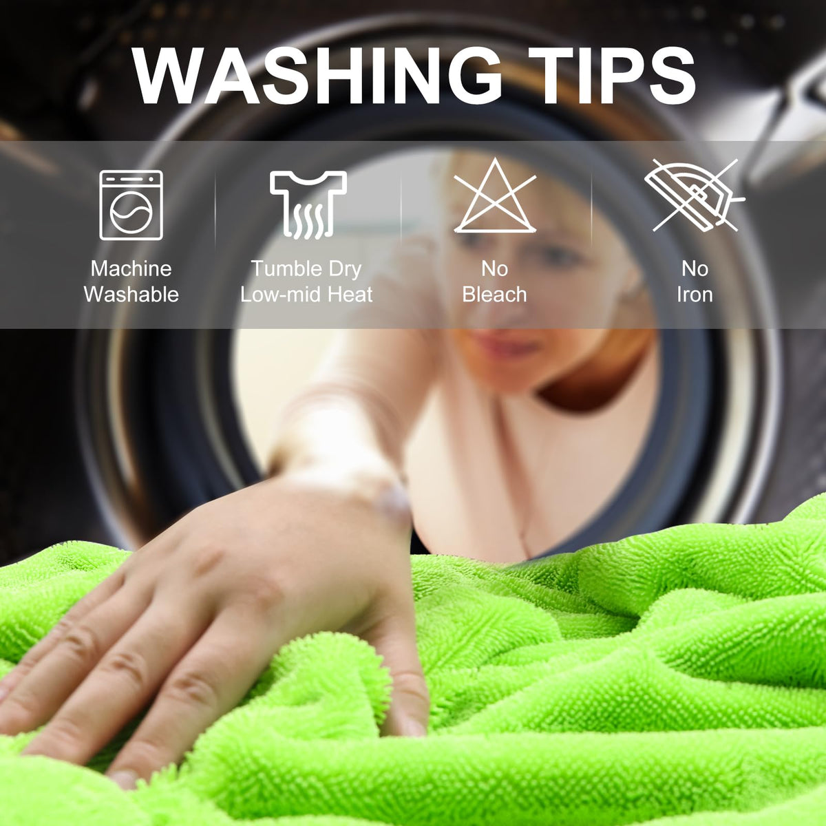 Singrune towels wash-care label demonstrating easy laundering and longevity