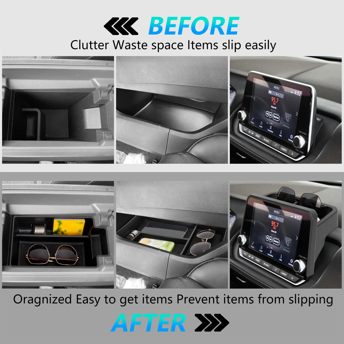 Sinminou dashboard tray installed behind 8-inch screen showing secure fit