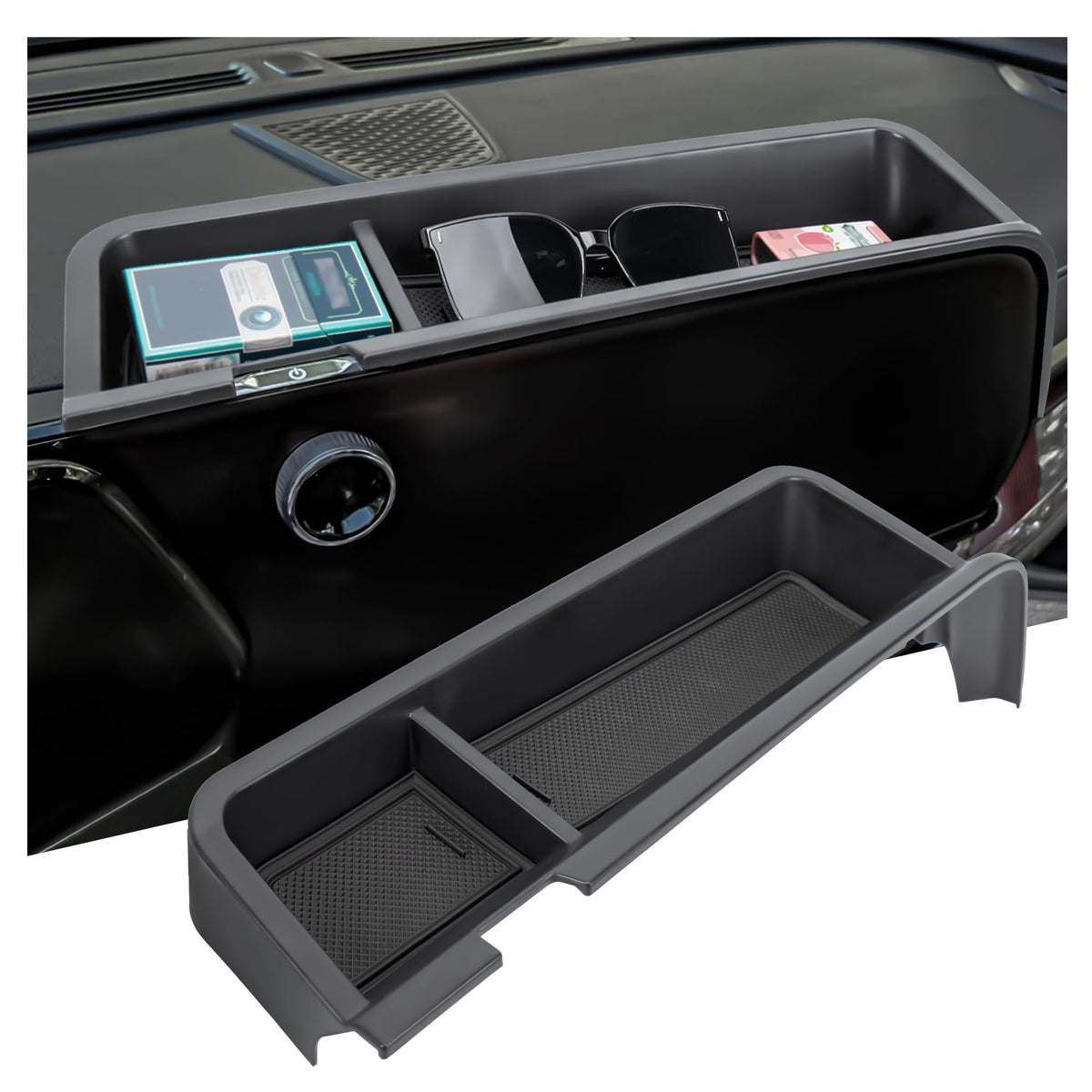 Sinminou front view of dashboard tray shows clean storage and easy access