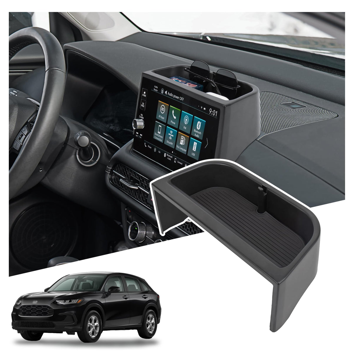 Sinminou front view of dashboard tray showing neat storage and accessibility