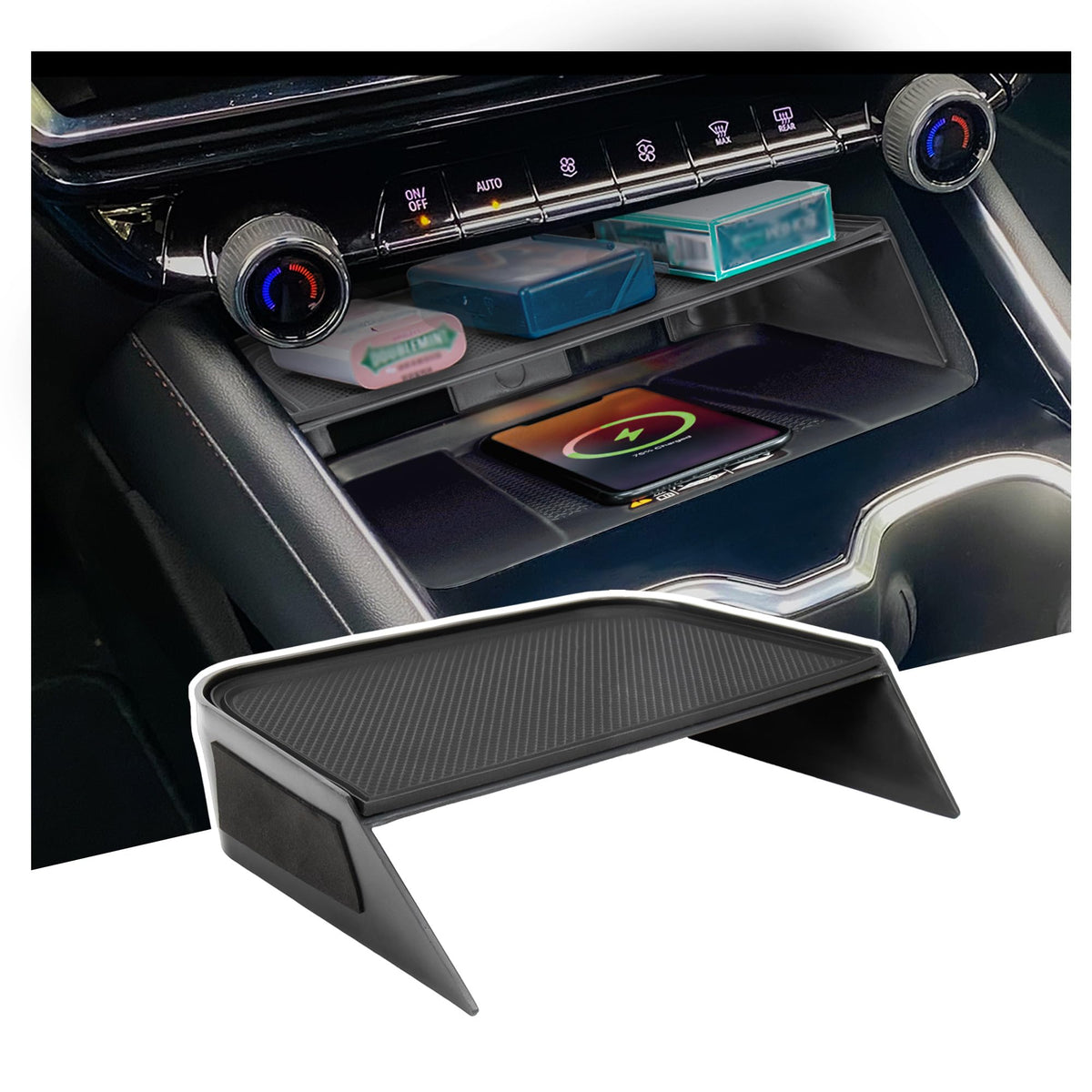 Sinminou front view of console tray showing clean fit and added storage benefit
