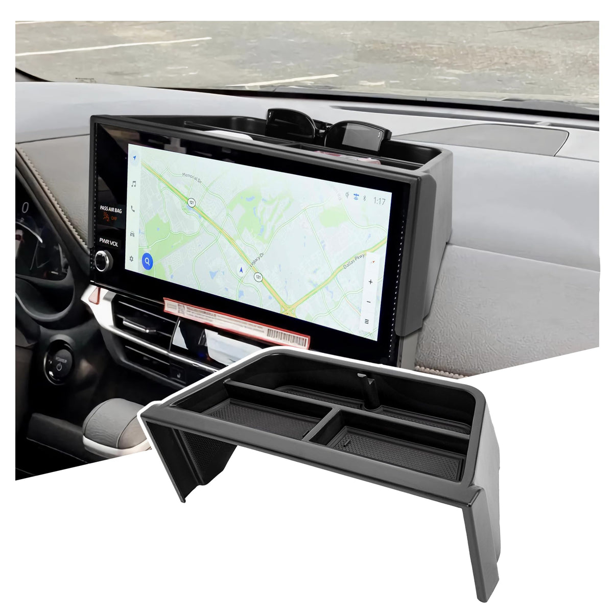 Sinminou front view dashboard tray showing neat storage benefit