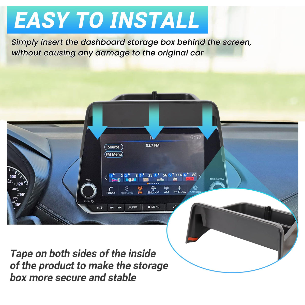 Sinminou tray installed in Nissan Sentra dashboard improving accessibility