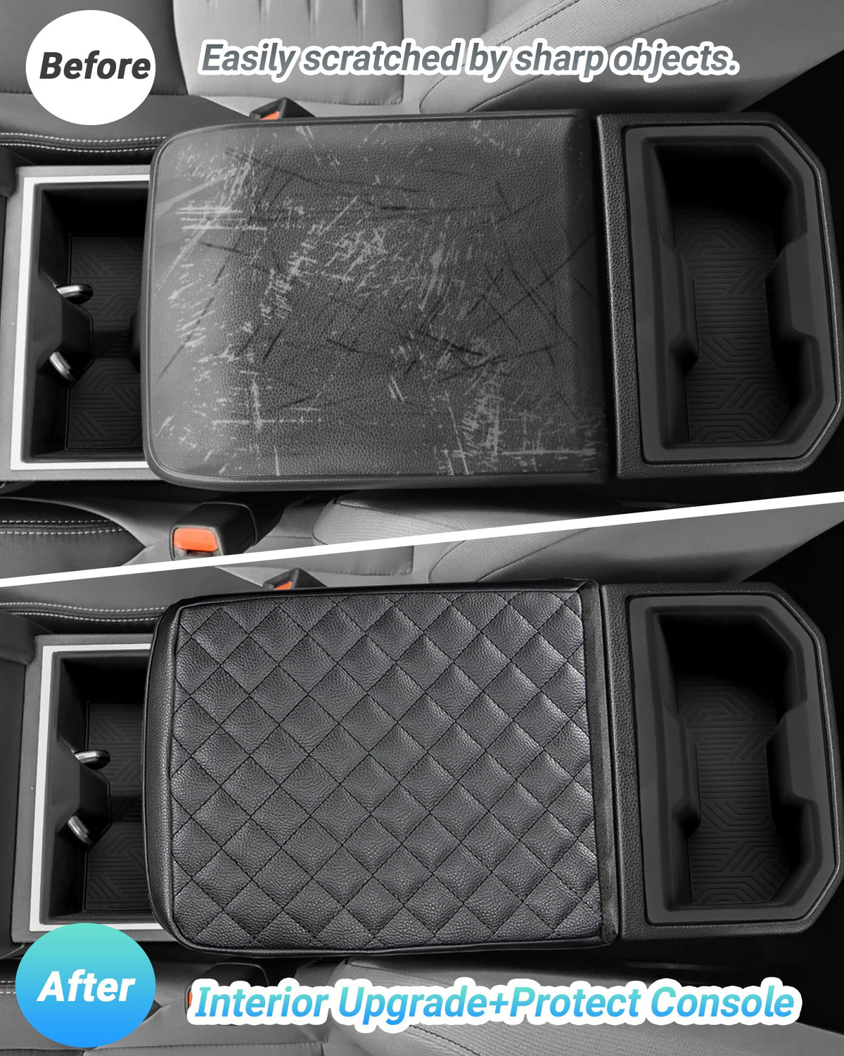 Sinminou cover installed in Tacoma console preventing scratches