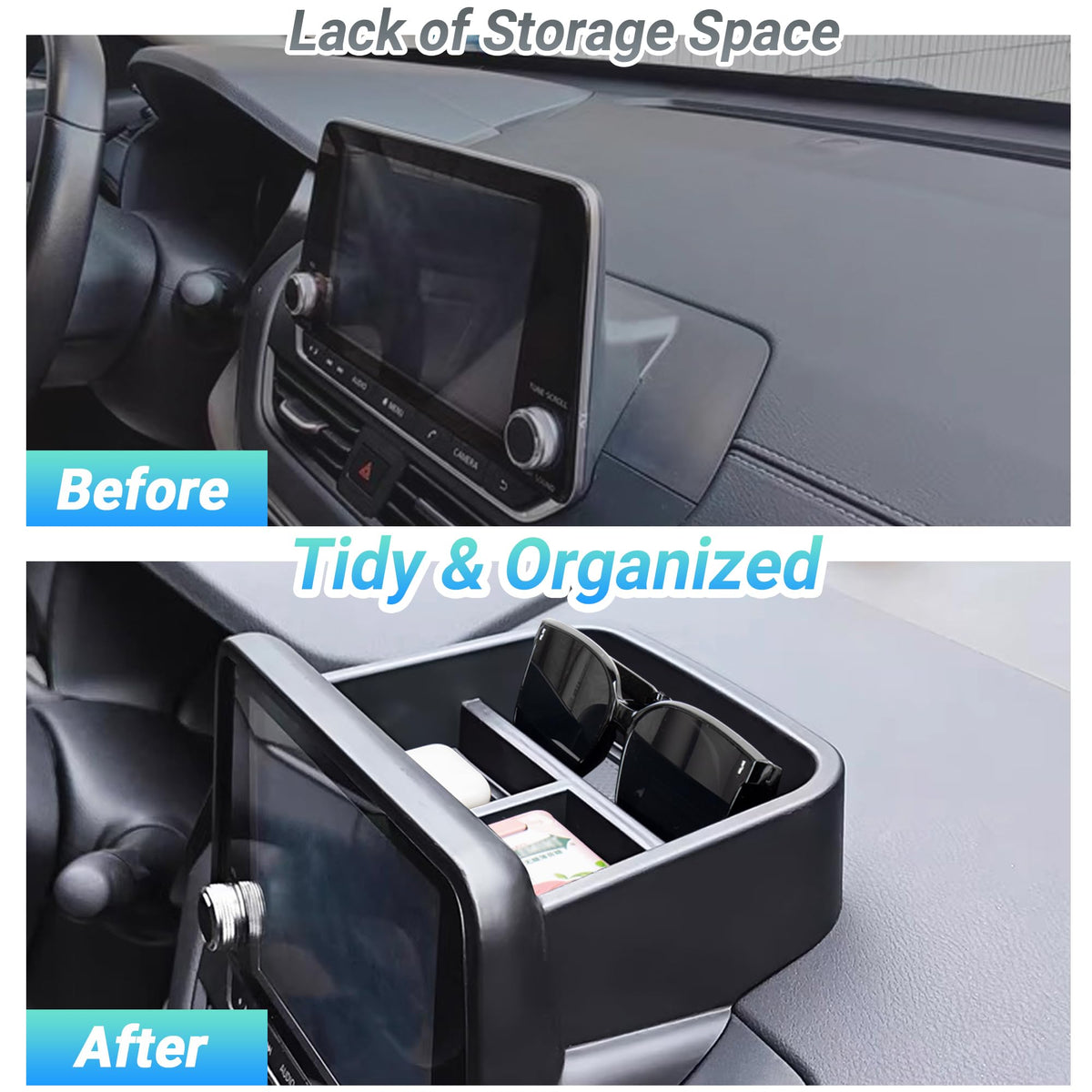 Sinminou tray beside sunglasses to show scale and quick-access storage benefit