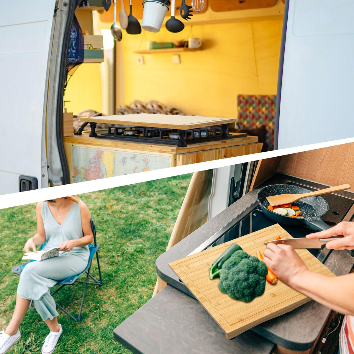 Sintuff board placed over RV stove demonstrating added counter space benefit