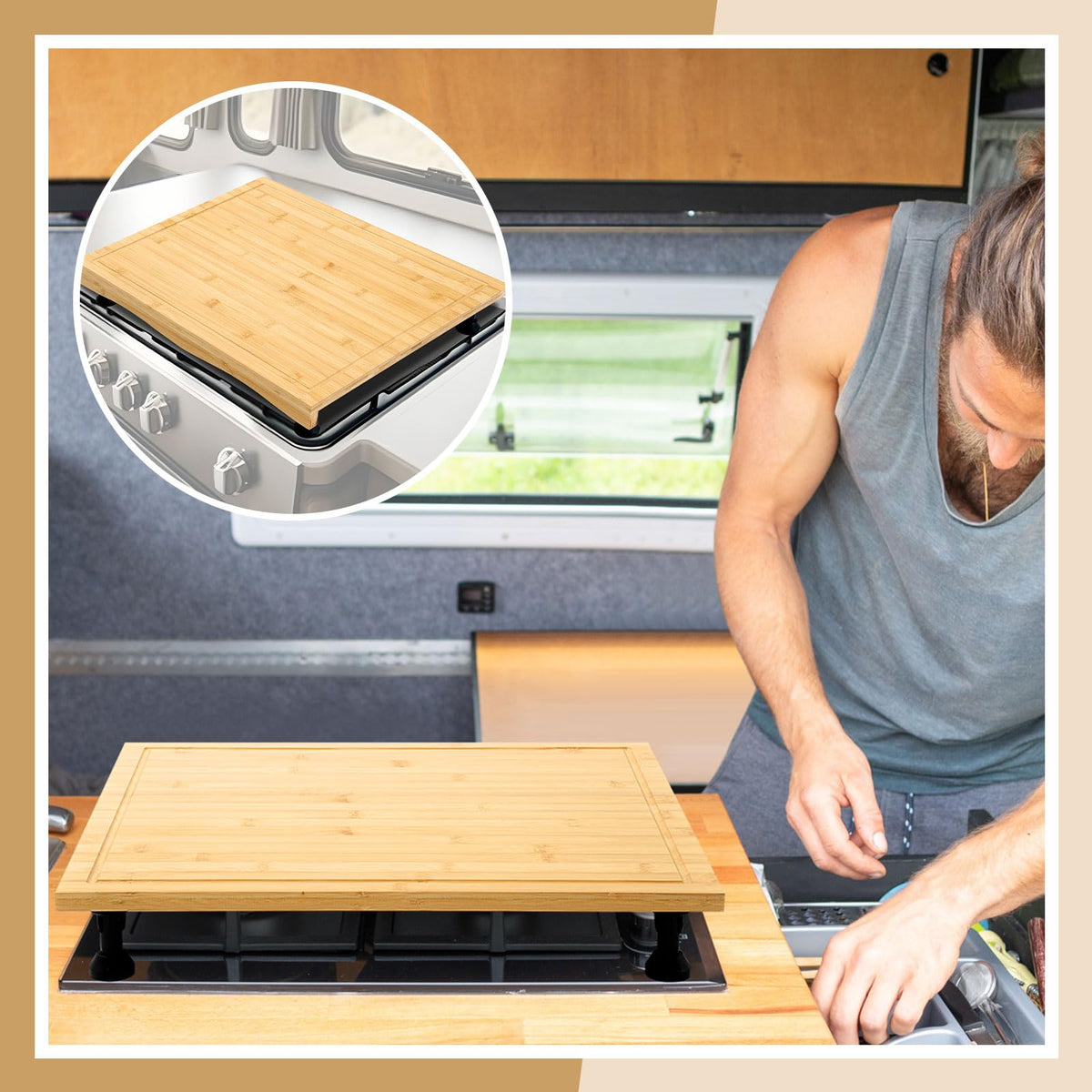 Sintuff lifestyle image in camper kitchen highlighting multifunctional convenience