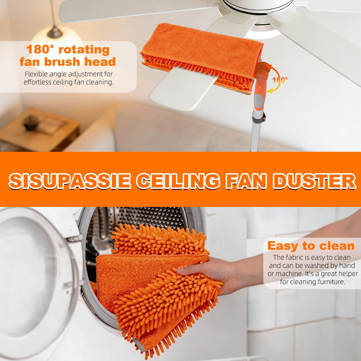 SISUPASSIE in use wiping a ceiling fan blade for safe ladder-free cleaning