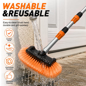 SISUPASSIE brush in use cleaning an RV roof demonstrating safe ground-level washing