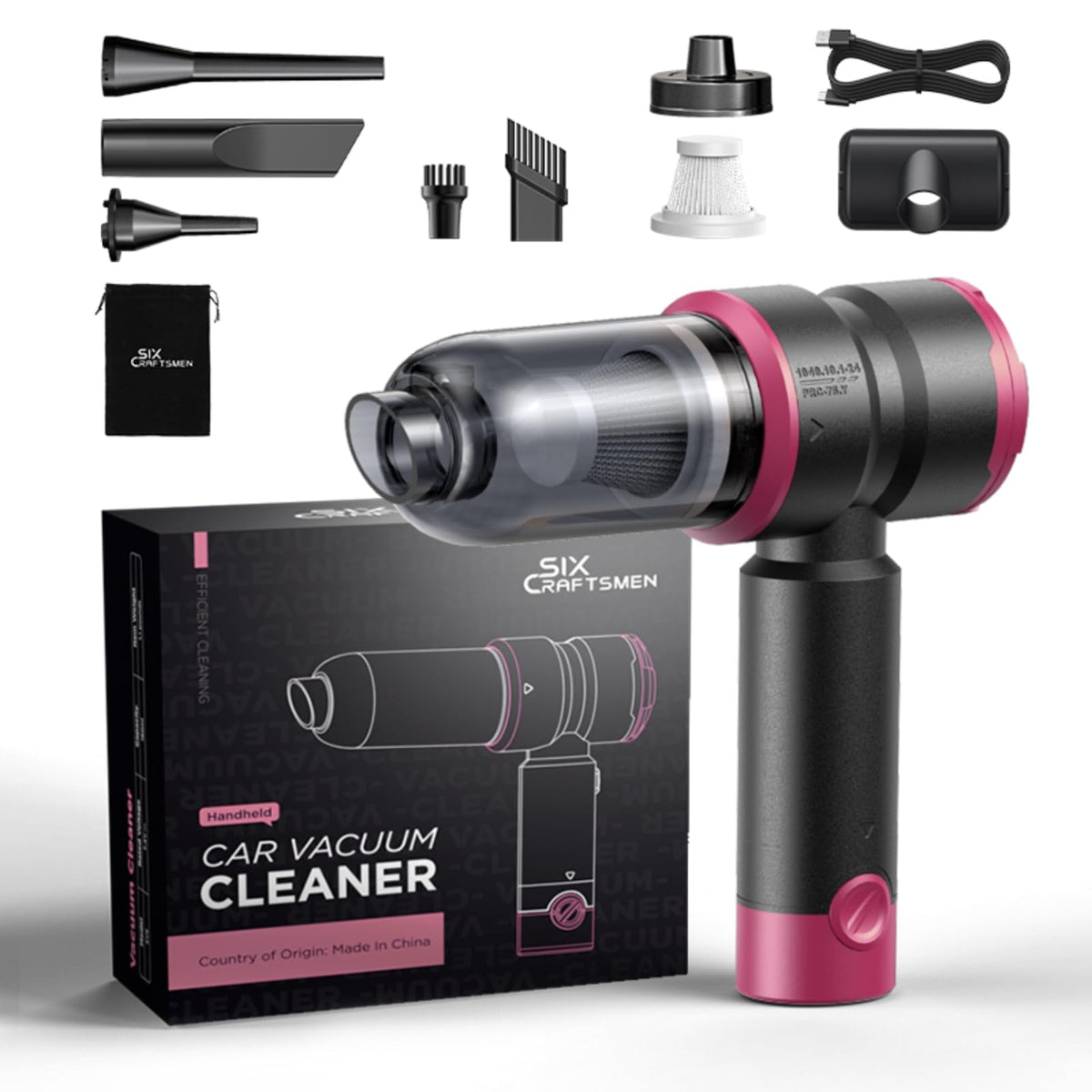 SIX CRAFTSMEN front view of pink handheld vacuum showing compact design and portability