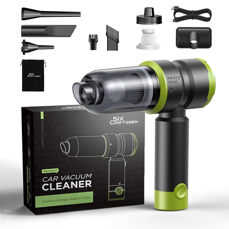 SIX CRAFTSMEN handheld vacuum front view showing ergonomic handle and controls, easy one-handed use