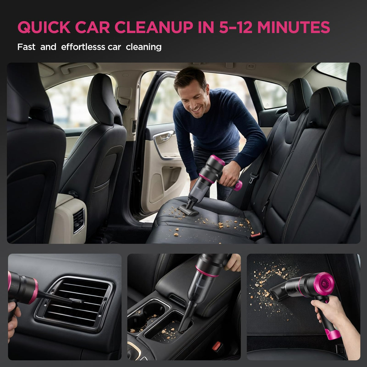 SIX CRAFTSMEN cleaning car center console with crevice tool to remove crumbs quickly