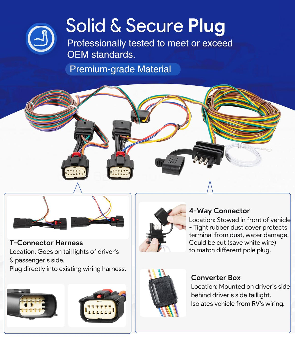 sixcow 4-flat connector mounted at hitch with dust cover protecting terminals from moisture