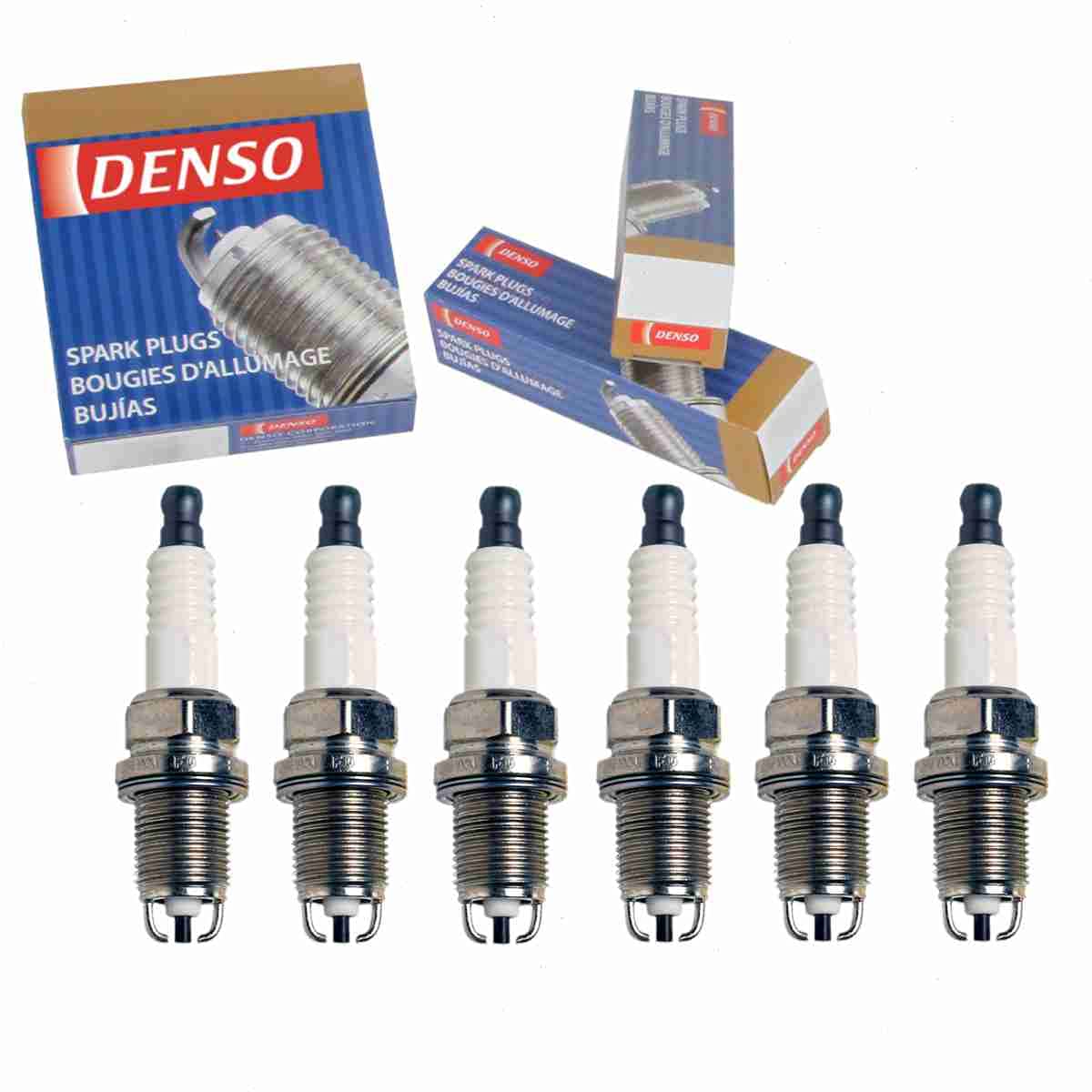 Sixity Auto DENSO front packaging showing six spark plugs and label benefit of OE fit