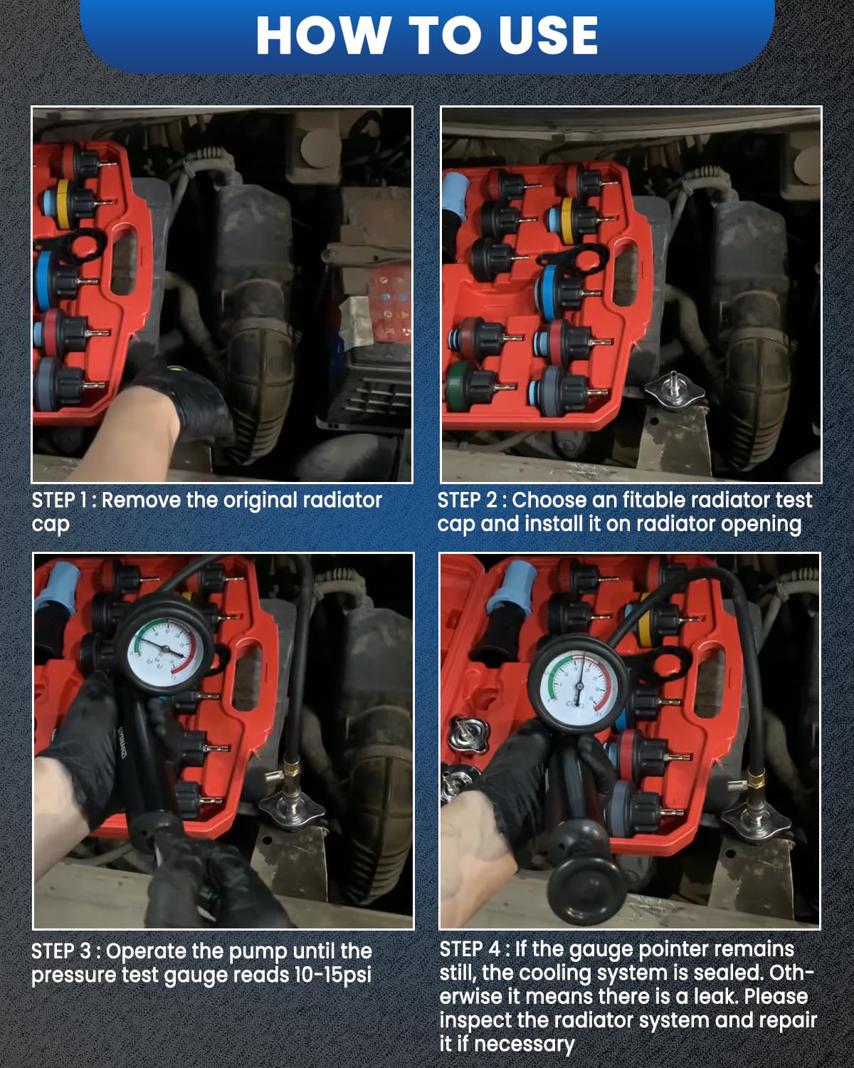 SIXIWANZI in use attached to a vehicle radiator demonstrating leak detection benefit