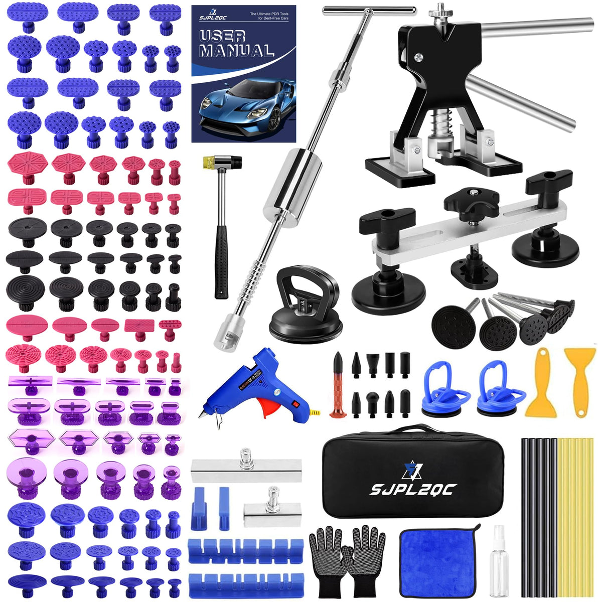 SJPLZQC full kit layout showing tools and tabs for DIY dent repair benefits