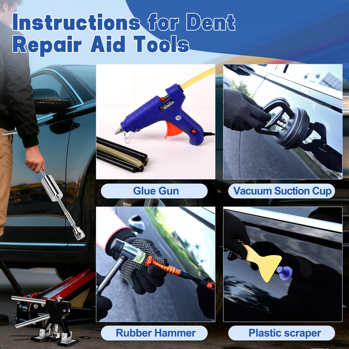 SJPLZQC suction cups and rubber hammer for gentle shallow dent removal