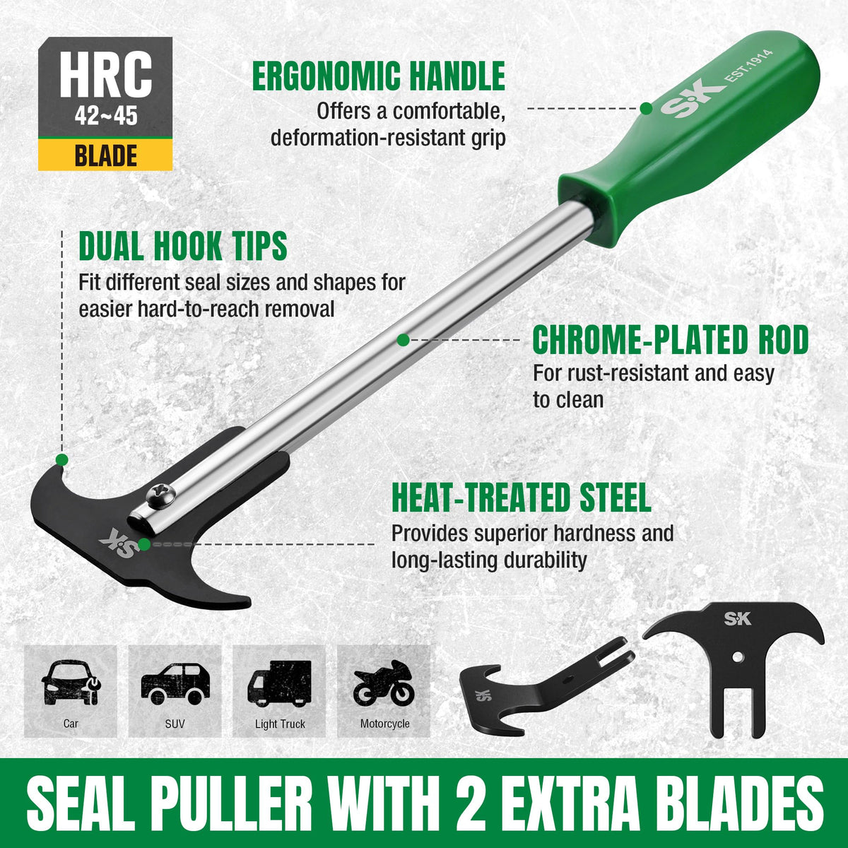 Detail of SK 35° offset hook blade reaching tight angle for easier seal access